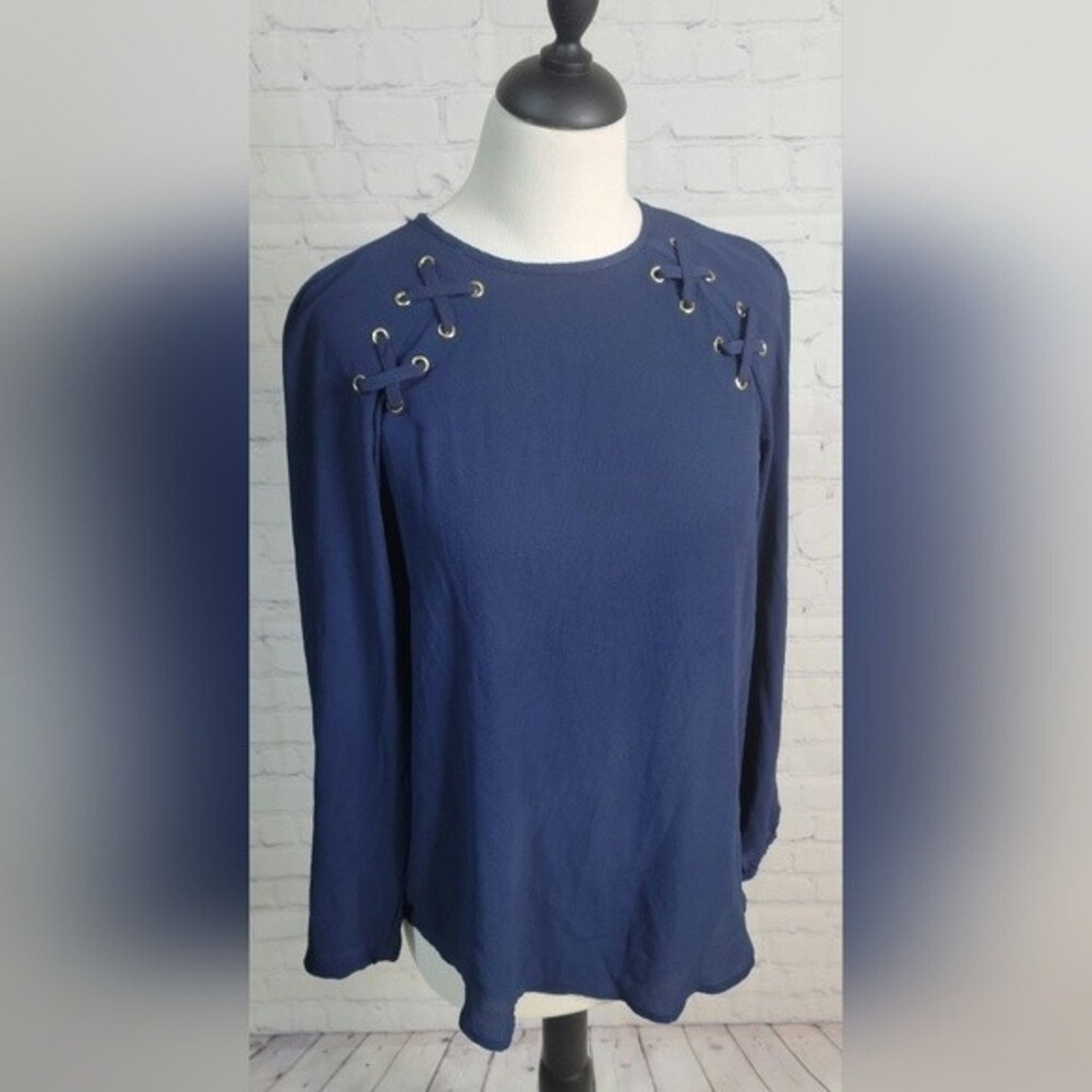 Michael Kors Women's Royal Blue Top Tunic Sz Sm Key Hole Career Gold Lace Up